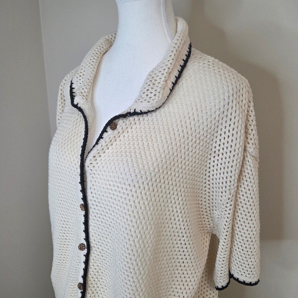 Sand Cloud Open Knit Cardigan Cream Black Trim Wood Buttons Coastal S/M - Picture 2 of 5